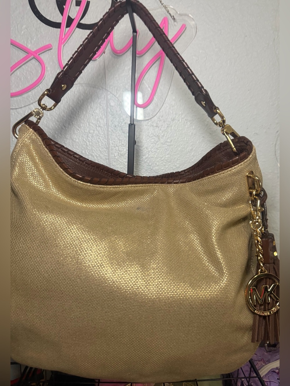Michael Michael Kors Gold Metallic Canvas Hobo Bag Brown Whipstitch Leather Trim